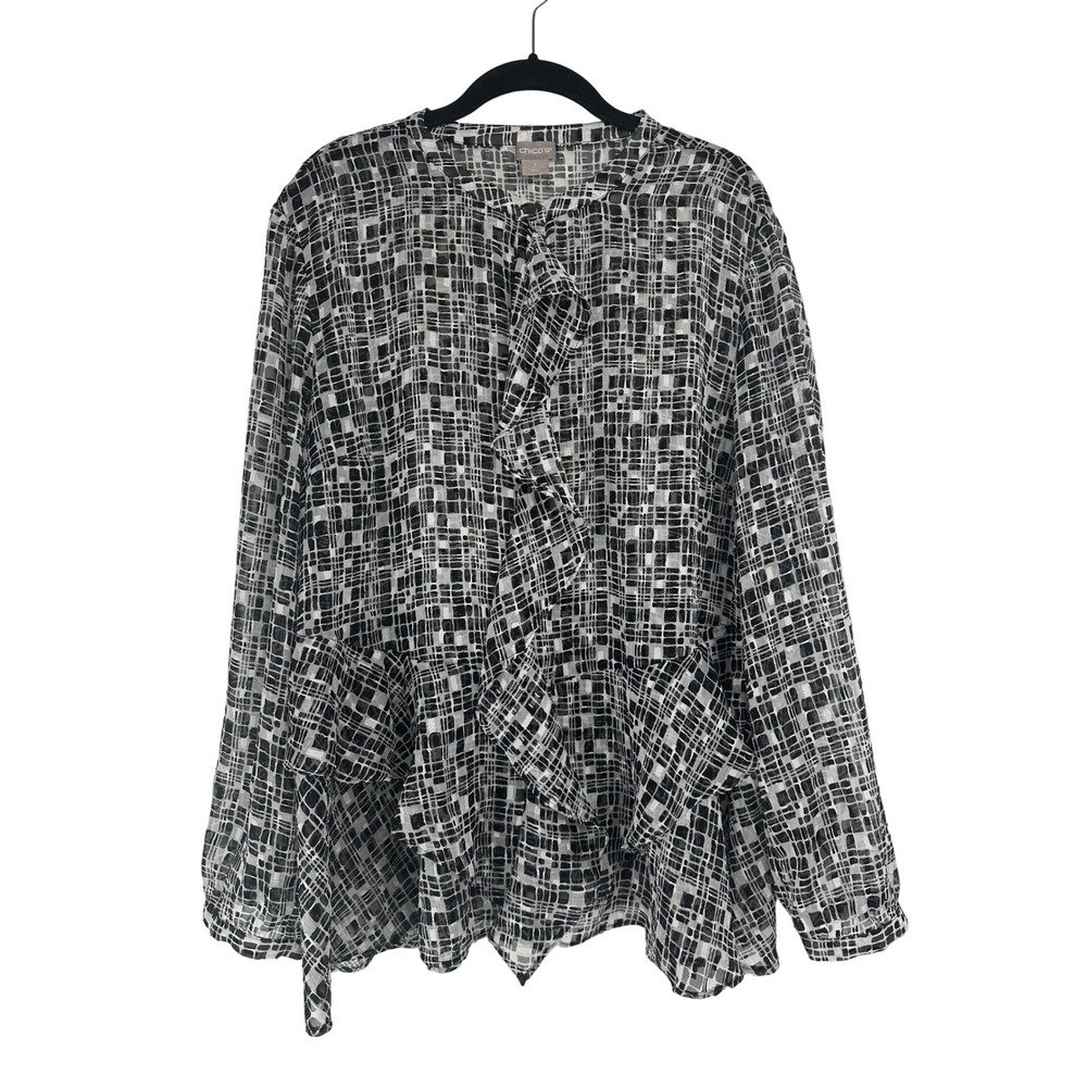 Chicos Ruffle Peplum Blouse Black White Geometric Metallic Gold Sheer Size 16/18
